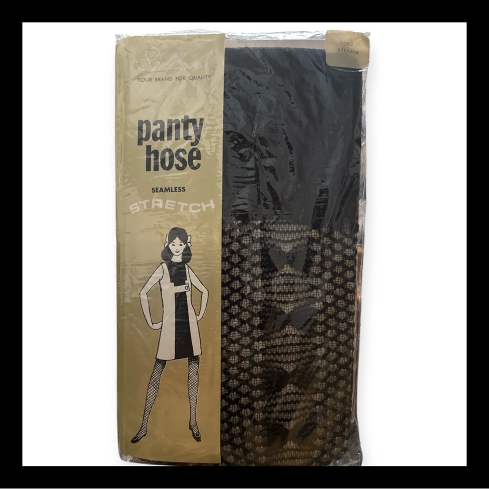1960’s Mod Jet Black Fishnet Net Textured Pantyhose, Brand New, Unopened